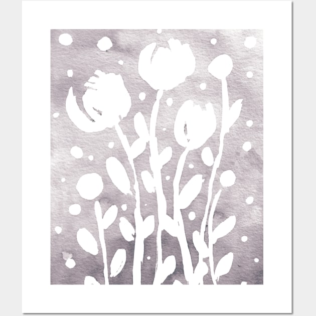 Whimsical watercolor flowers – light grey Wall Art by wackapacka